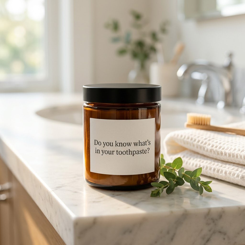 Amber jar of PowderDent tooth powder on a marble vanity, its label asking what’s in your toothpaste, beside a eucalyptus stem, a folded towel and a bamboo toothbrush